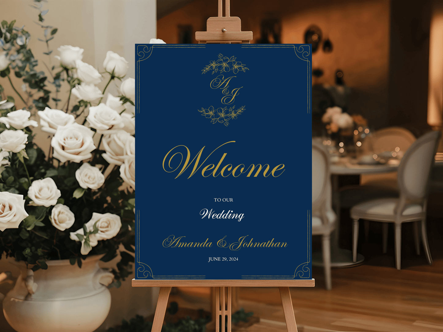 Elegant Blue & Gold 7Pc Wedding Reception Bundle with Seating Chart Card, Design 2, Printable Templates