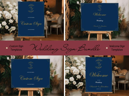 Elegant Blue & Gold Wedding Sign Template Bundle, Design 2, Printable Templates