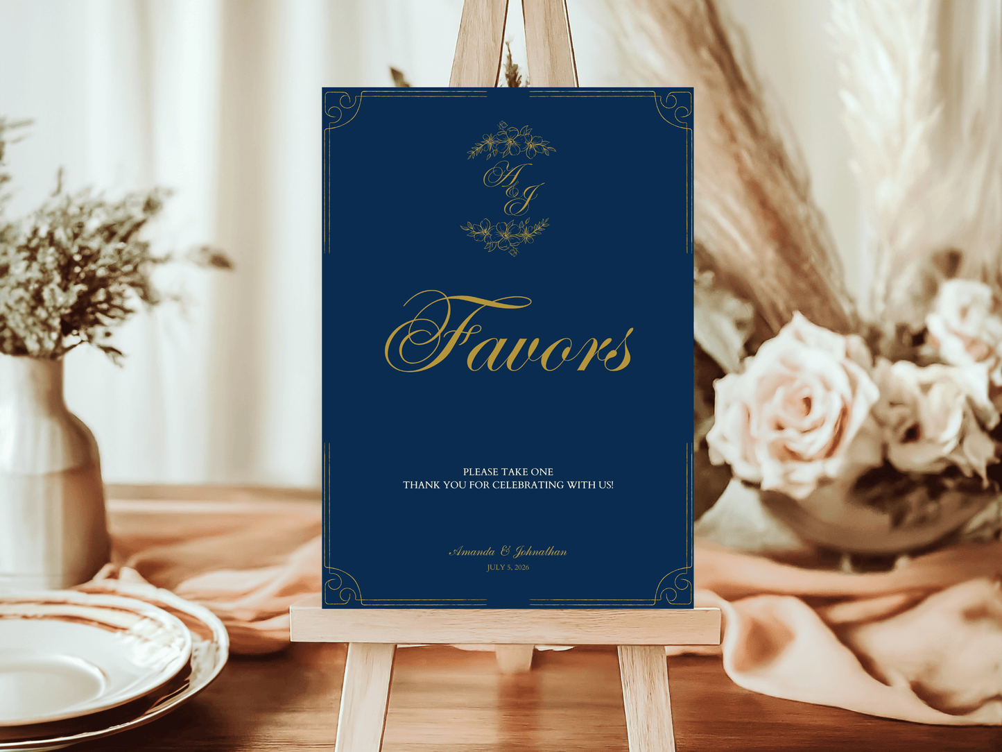 Elegant Blue & Gold "Favors Please Take One" Favor Sign, Design 2, Printable Templates