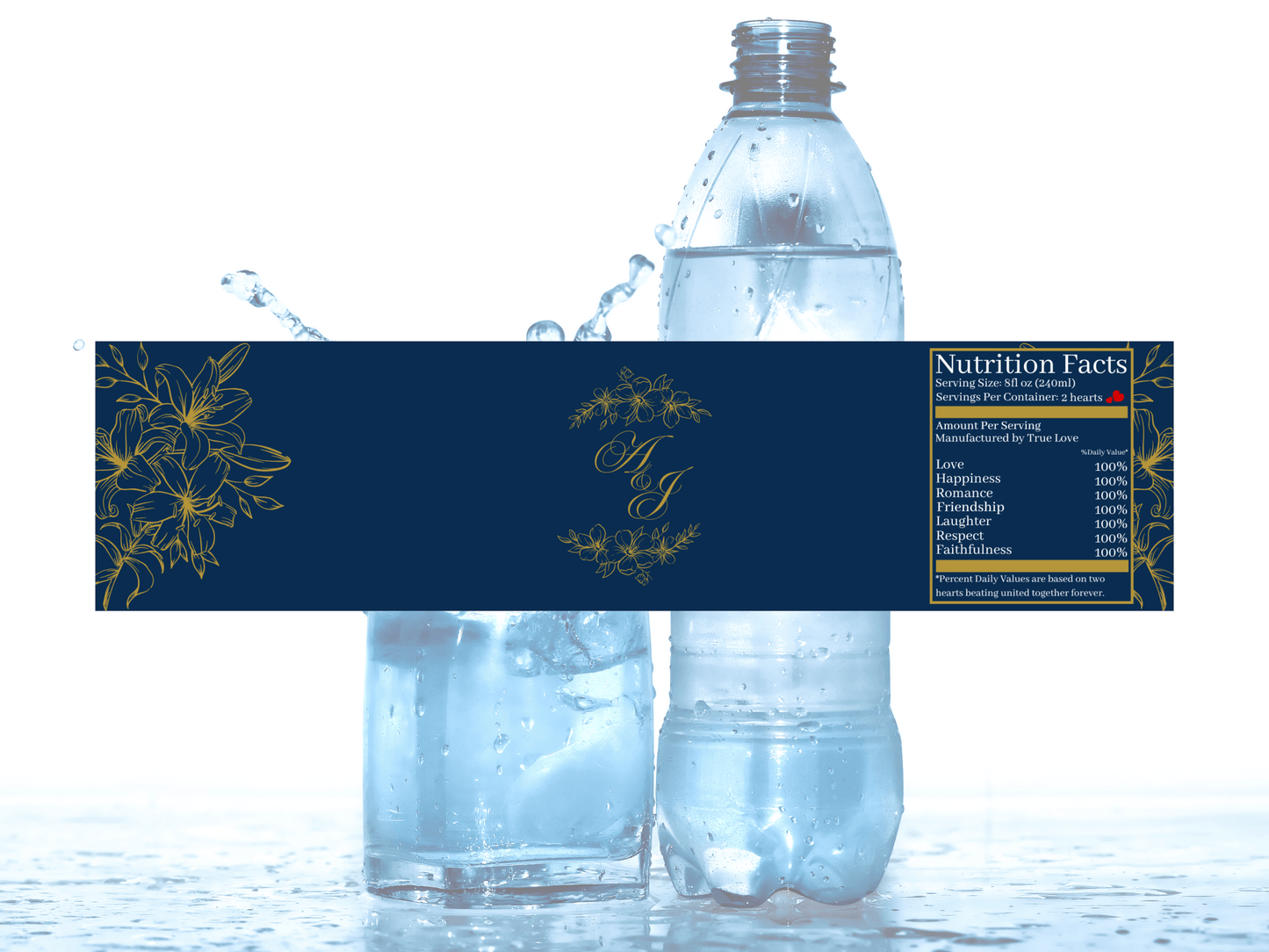 Elegant Blue & Gold Wedding Water Bottle Sticker Label & Sign Set, Design 2, Printable Templates