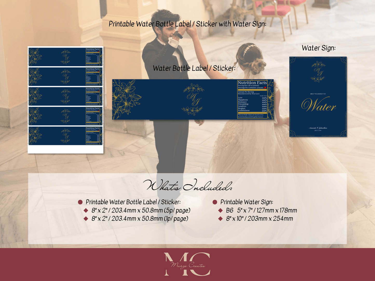 Elegant Blue & Gold Wedding Water Bottle Sticker Label & Sign Set, Design 2, Printable Templates