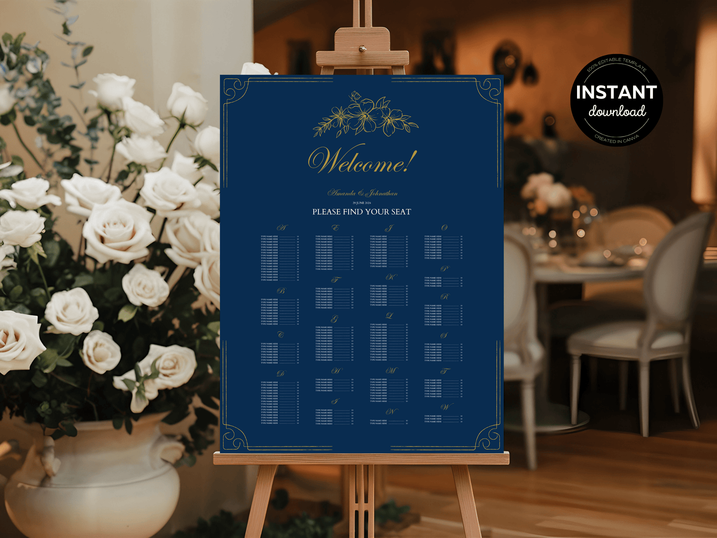 Elegant Blue & Gold Wedding Seating Template Bundle with Alphabetical Seating Chart, Design 1, Printable Templates