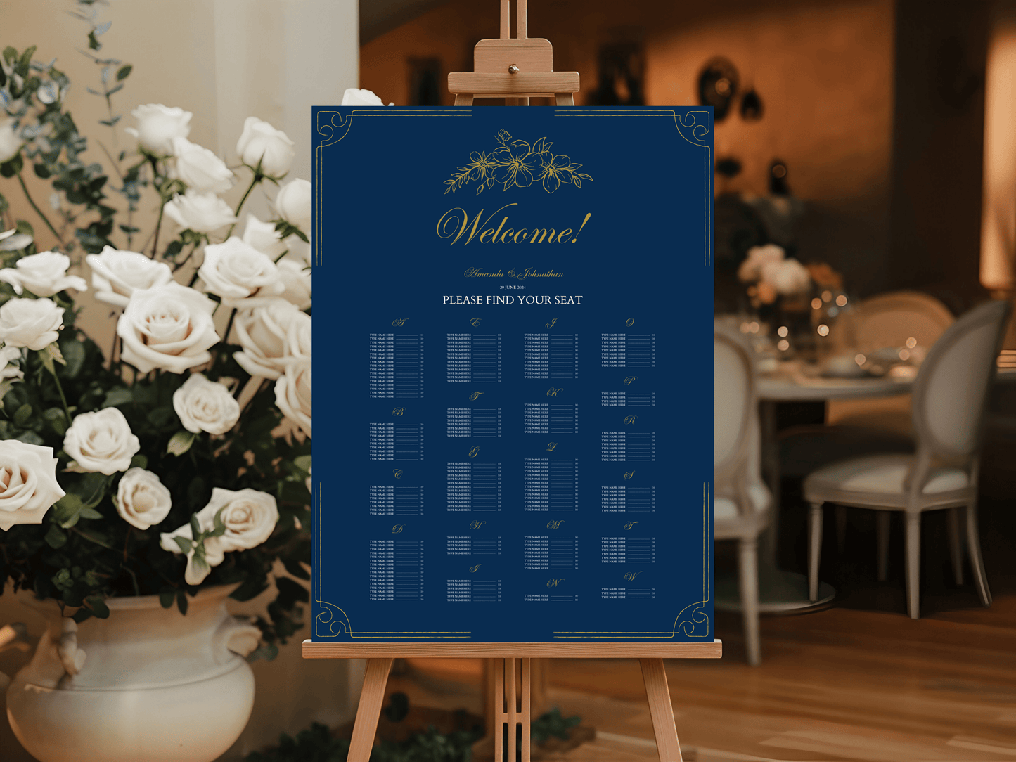 Elegant Blue & Gold 7Pc Wedding Reception Bundle with Alphabetical Seating Chart, Design 1, Printable Templates