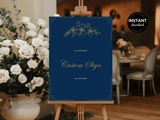 Elegant Blue & Gold Wedding Custom Sign Template, Design 1, Printable Templates