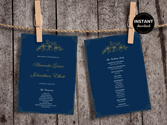 Elegant Blue & Gold Wedding Program Template, Design 1, Printable Templates