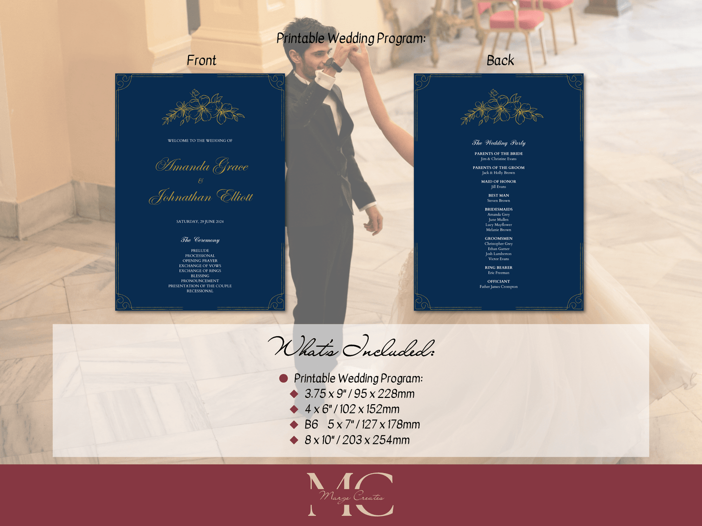 Elegant Blue & Gold Wedding Program Template, Design 1, Printable Templates