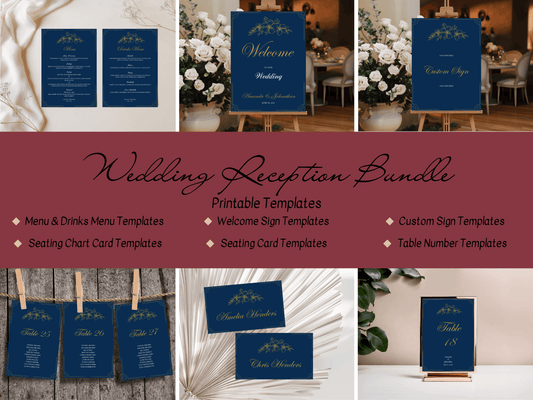 Elegant Blue & Gold 7Pc Wedding Reception Bundle with Seating Chart Card, Design 1, Printable Templates