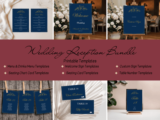 Elegant Blue & Gold 7Pc Wedding Reception Bundle with Seating Chart Card, Design 3, Printable Templates