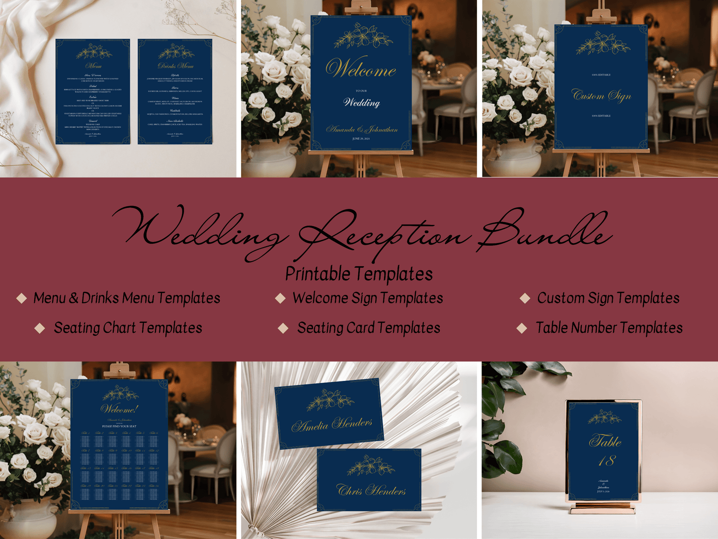 Elegant Blue & Gold 7Pc Wedding Reception Bundle with Seating Chart, Design 1, Printable Templates