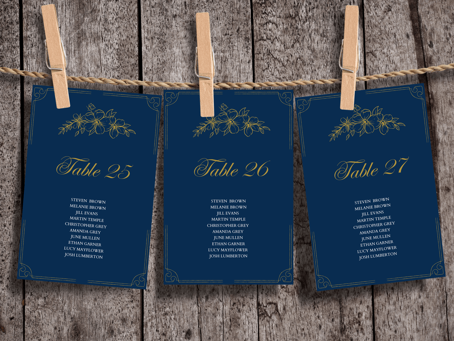 Elegant Blue & Gold 7Pc Wedding Reception Bundle with Seating Chart Card, Design 1, Printable Templates