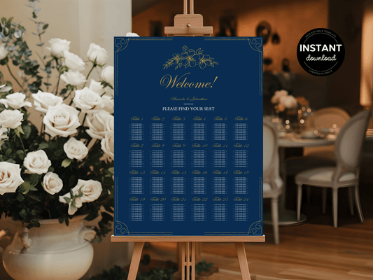 Elegant Blue & Gold Wedding Seating Chart Templates, Design 1, Printable Templates