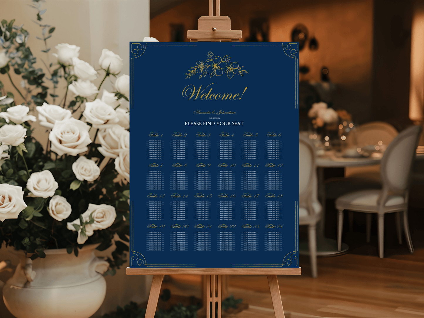 Elegant Blue & Gold 7Pc Wedding Reception Bundle with Seating Chart, Design 1, Printable Templates