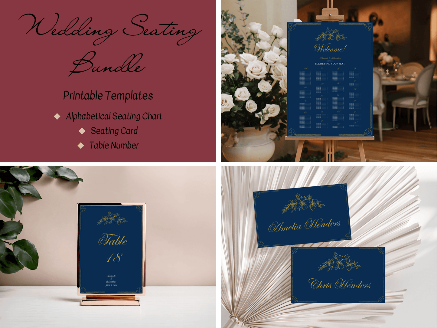 Elegant Blue & Gold Wedding Seating Template Bundle with Alphabetical Seating Chart, Design 1, Printable Templates