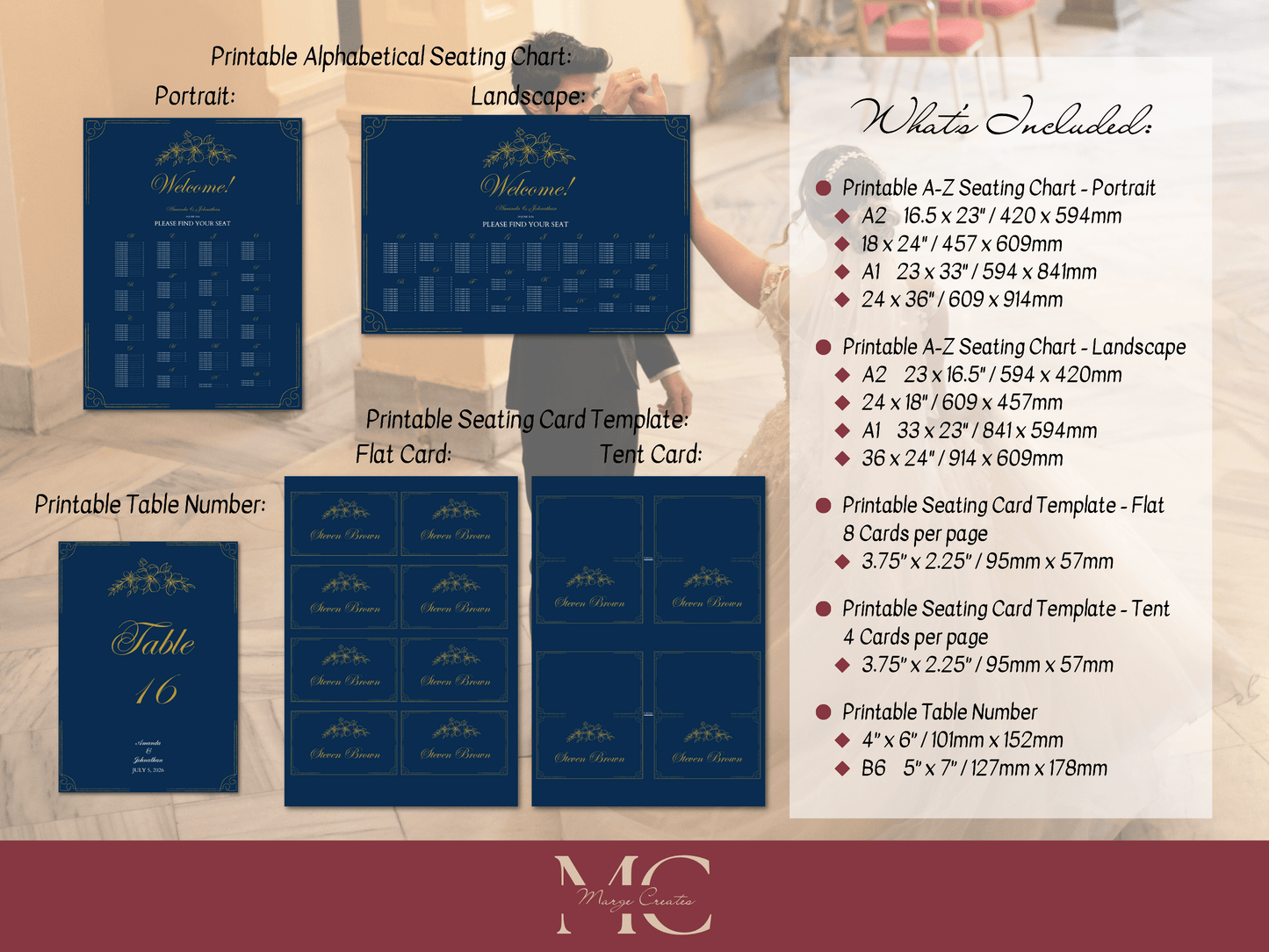 Elegant Blue & Gold 7Pc Wedding Reception Bundle with Alphabetical Seating Chart, Design 1, Printable Templates