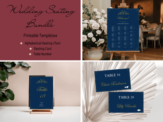 Elegant Blue & Gold Wedding Seating Template Bundle with Alphabetical Seating Chart, Design 3, Printable Templates