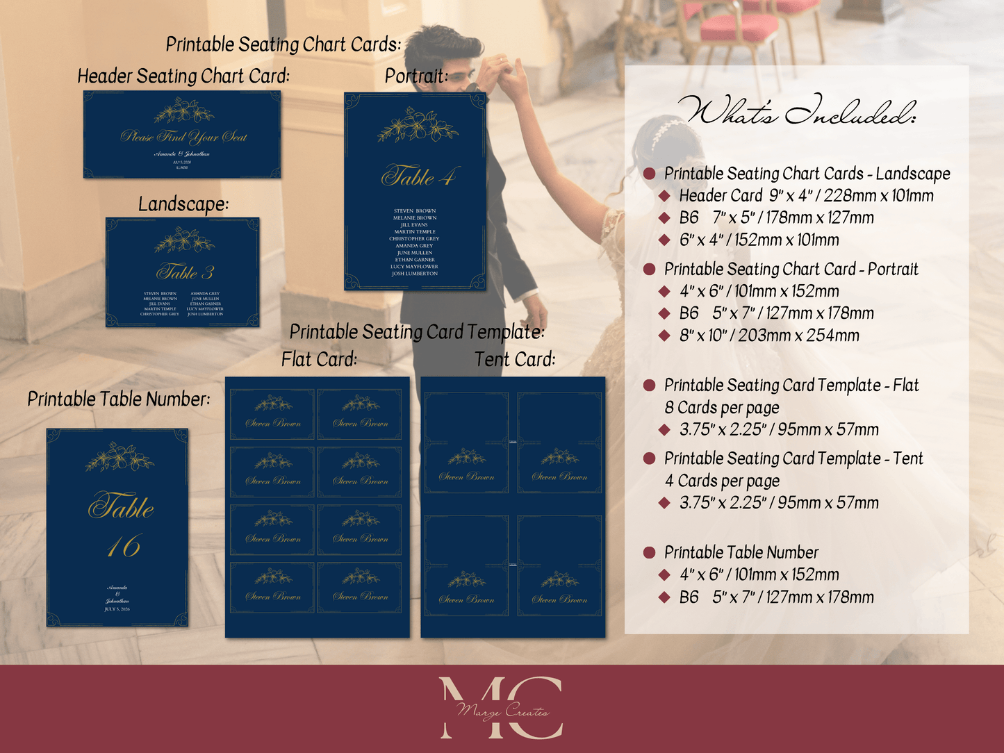 Elegant Blue & Gold Wedding Seating Template Bundle with Seating Chart Card, Design 1, Printable Templates