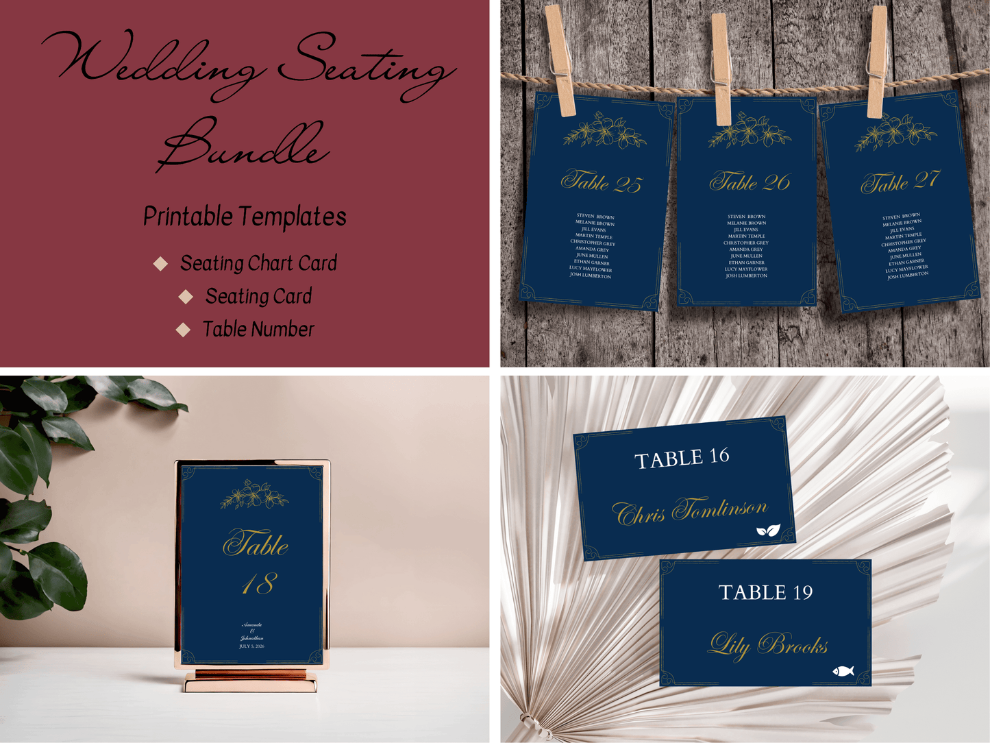 Elegant Blue & Gold Wedding Seating Template Bundle with Seating Chart Card, Design 3, Printable Templates