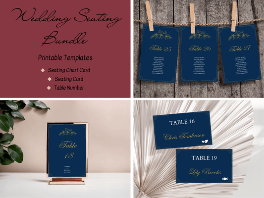 Elegant Blue & Gold Wedding Seating Template Bundle with Seating Chart Card, Design 3, Printable Templates