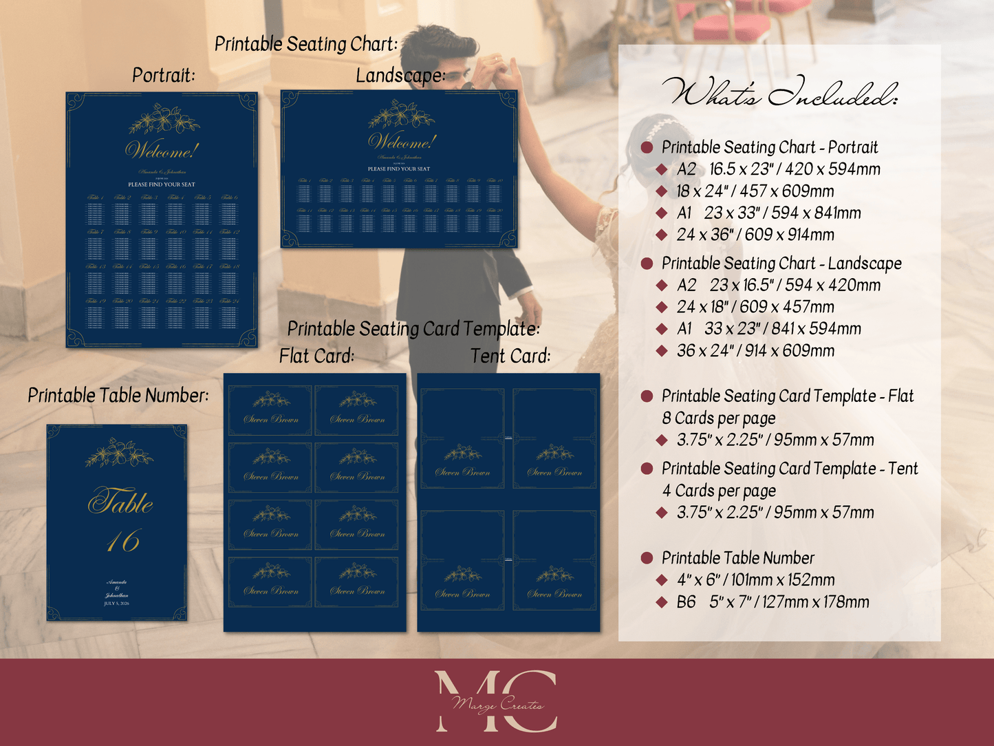 Elegant Blue & Gold Wedding Seating Template Bundle with Seating Chart, Design 1, Printable Templates