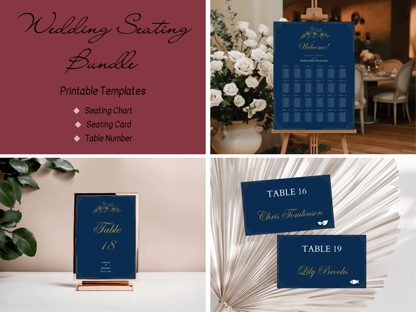 Elegant Blue & Gold Wedding Seating Template Bundle with Seating Chart, Design 3, Printable Templates