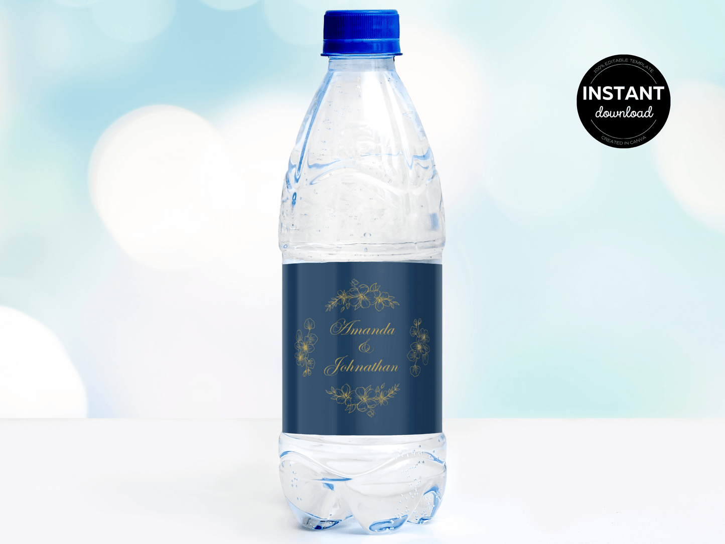 Elegant Blue & Gold Wedding Water Bottle Sticker Label & Sign Set, Design 1, Printable Templates