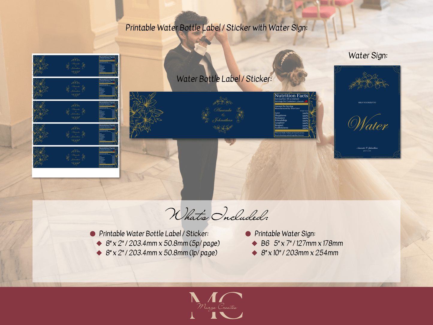 Elegant Blue & Gold Wedding Water Bottle Sticker Label & Sign Set, Design 1, Printable Templates