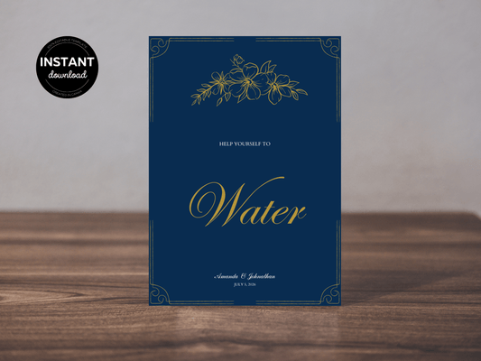 Elegant Blue & Gold "Help Yourself To Water" Water Sign, Design 1, Printable Templates