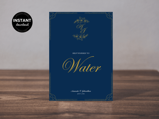 Elegant Blue & Gold "Help Yourself To Water" Water Sign, Design 2, Printable Templates