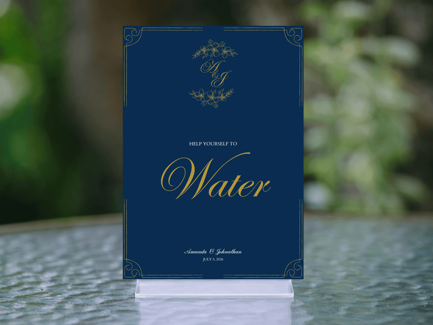 Elegant Blue & Gold "Help Yourself To Water" Water Sign, Design 2, Printable Templates