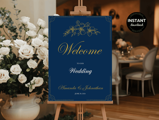 Elegant Blue & Gold Wedding Welcome Sign Template, Design 1, Printable Templates