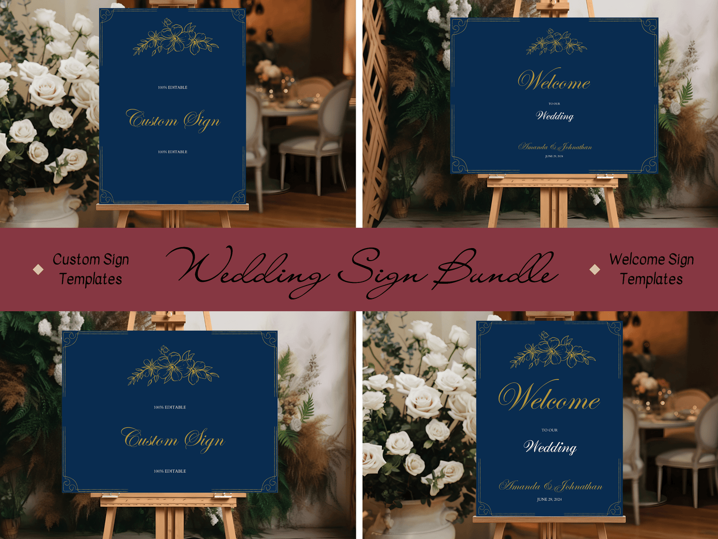 Elegant Blue & Gold Wedding Sign Template Bundle, Design 1, Printable Templates