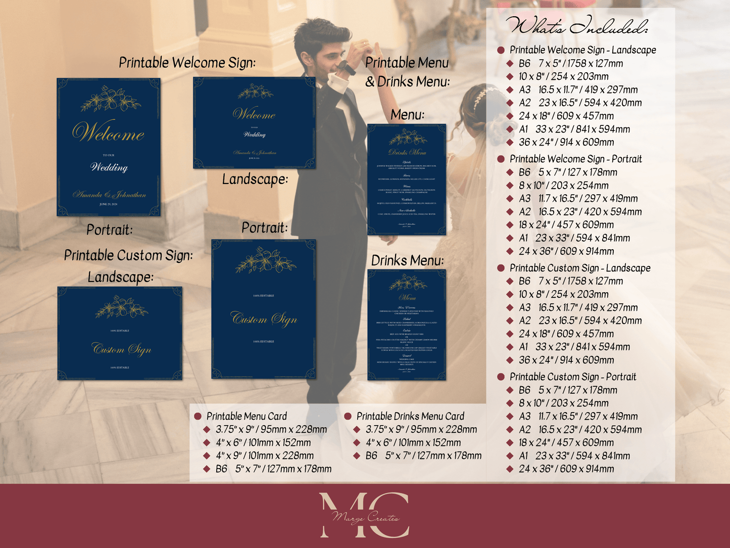 Elegant Blue & Gold 7Pc Wedding Reception Bundle with Seating Chart, Design 1, Printable Templates