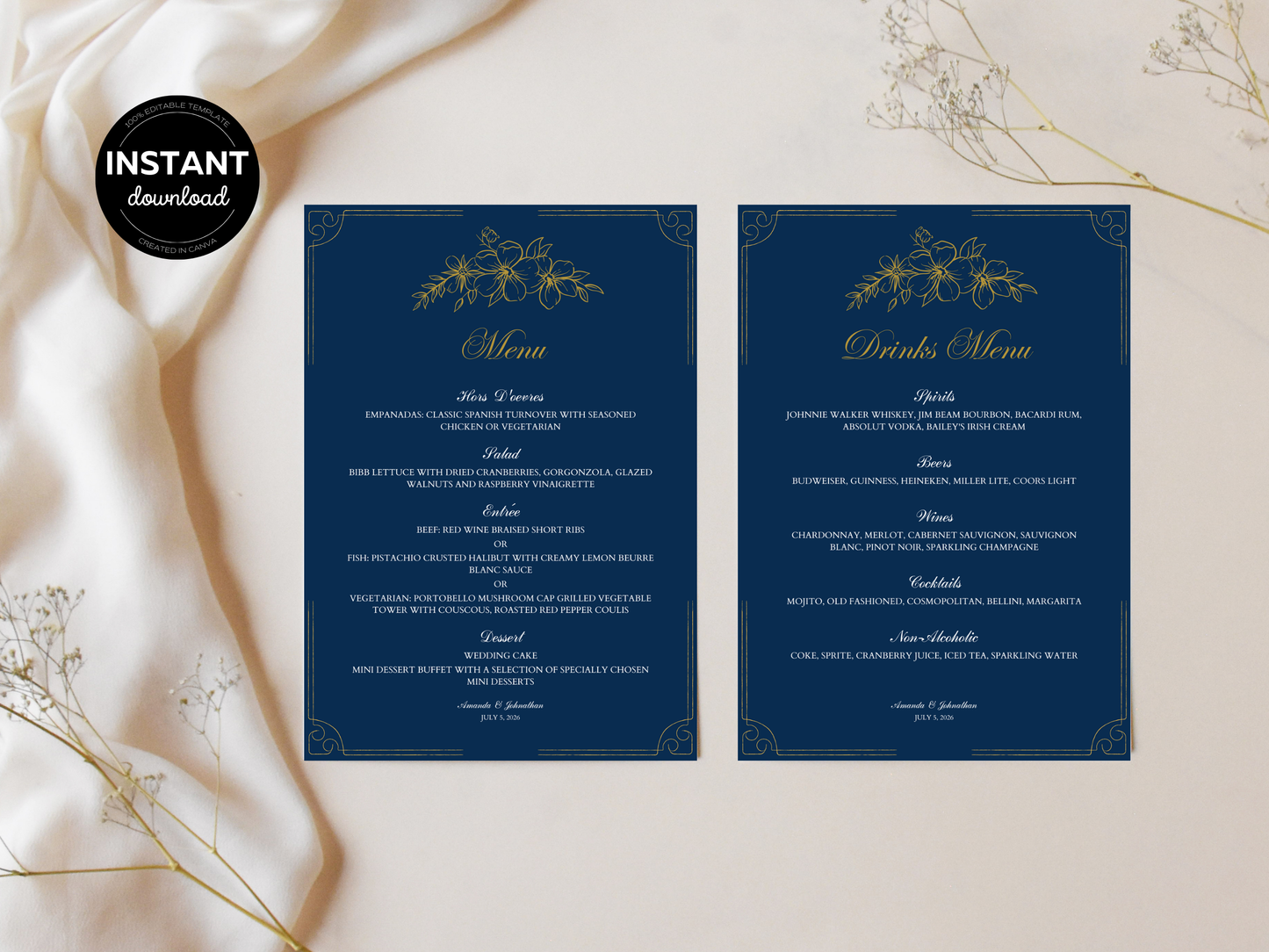 Elegant Blue & Gold 7Pc Wedding Reception Bundle with Seating Chart, Design 3, Printable Templates