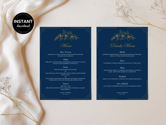 Elegant Blue and Gold Wedding Menu & Drinks Menu Template, Printable Template