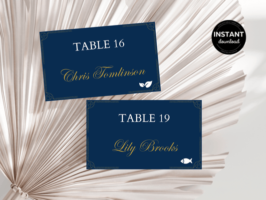 Elegant Blue and Gold Wedding Seating Card Template, Design 1, Printable Templates