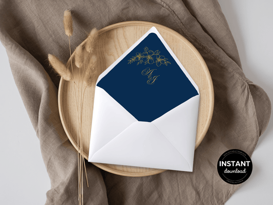 Elegant Blue and Gold Wedding Envelope Liner Template, Printable Templates