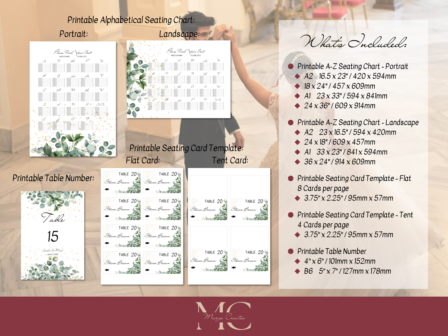 Eucalyptus & Gold 7Pc Wedding Reception Bundle with Alphabetical Seating Chart, Printable Templates