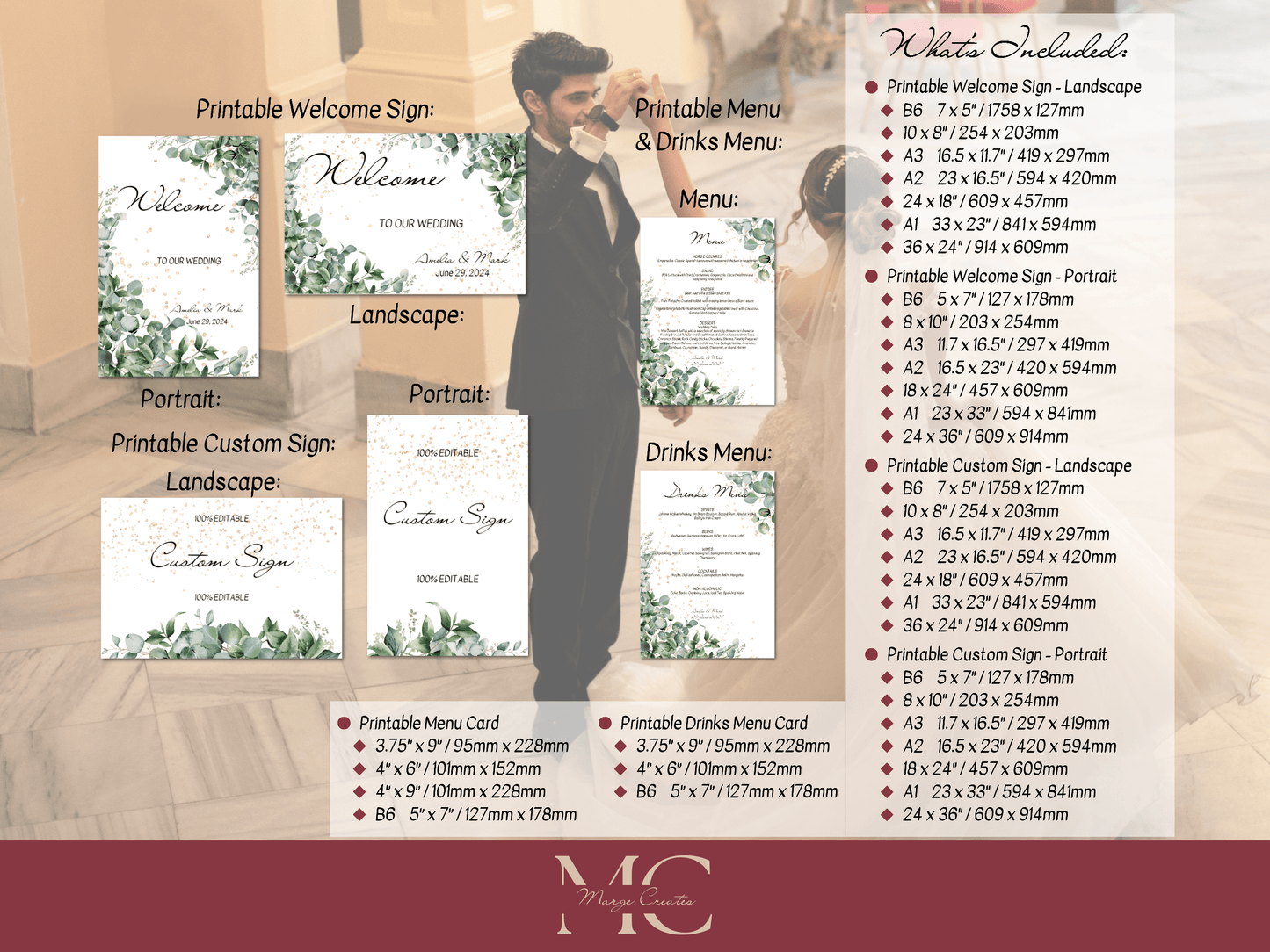 Eucalyptus & Gold 7Pc Wedding Reception Bundle with Alphabetical Seating Chart, Printable Templates