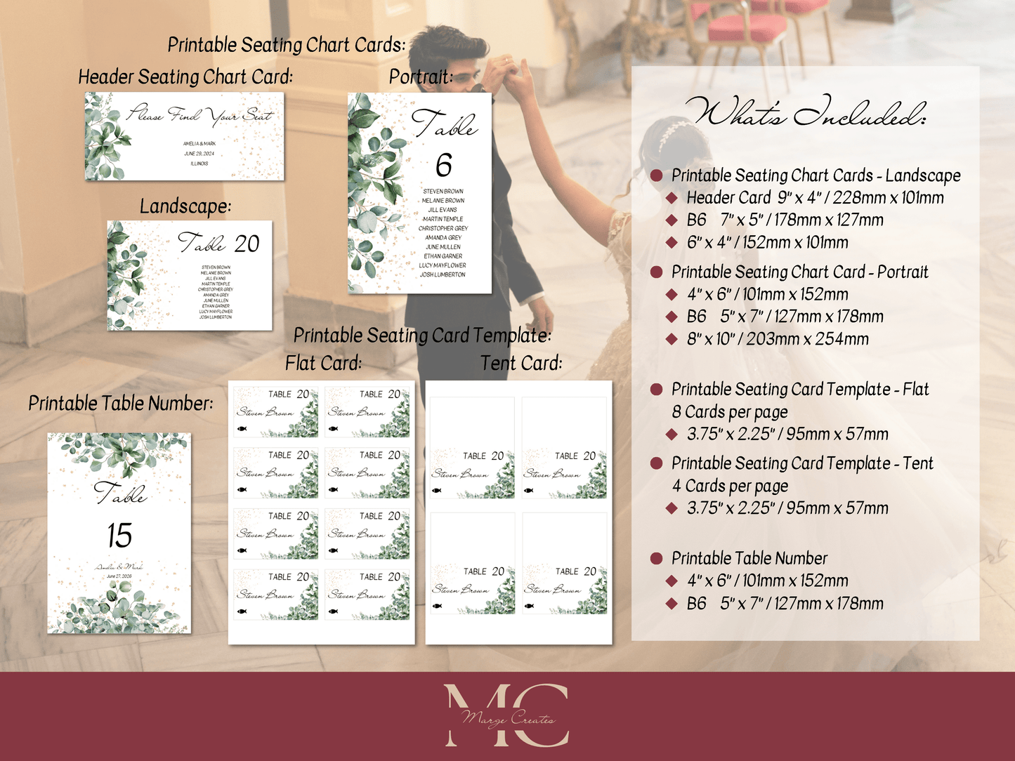 Eucalyptus & Gold 7Pc Wedding Reception Bundle with Seating Chart Card, Printable Templates