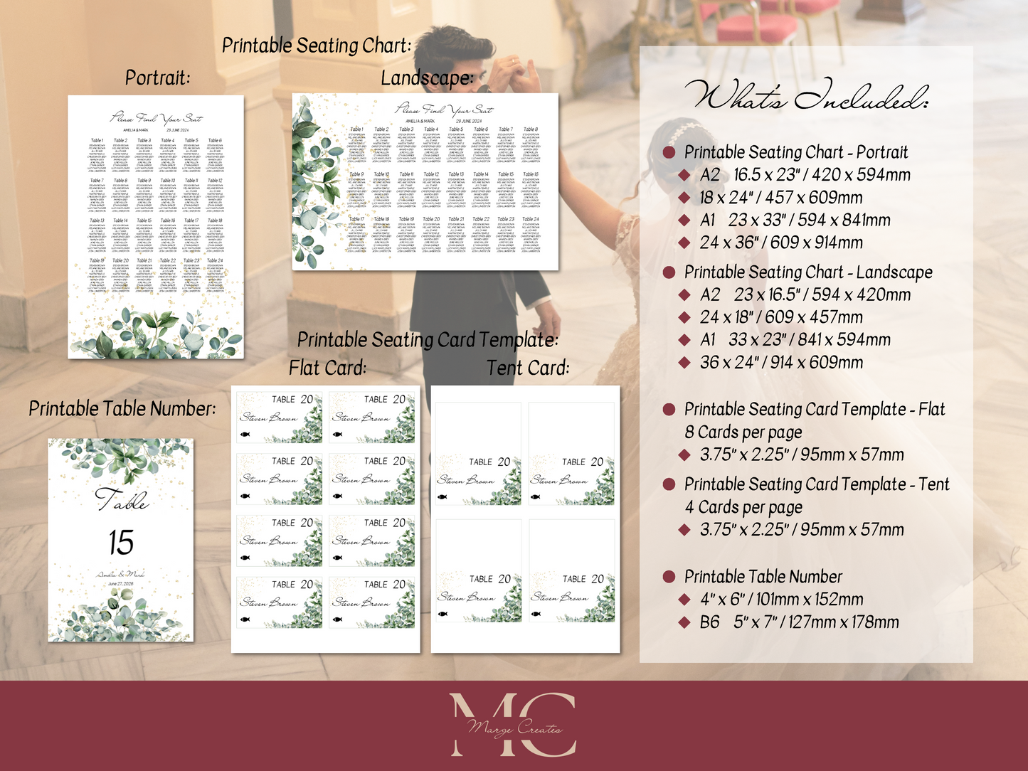 Eucalyptus & Gold Wedding Seating Template Bundle with Seating Chart, Printable Templates