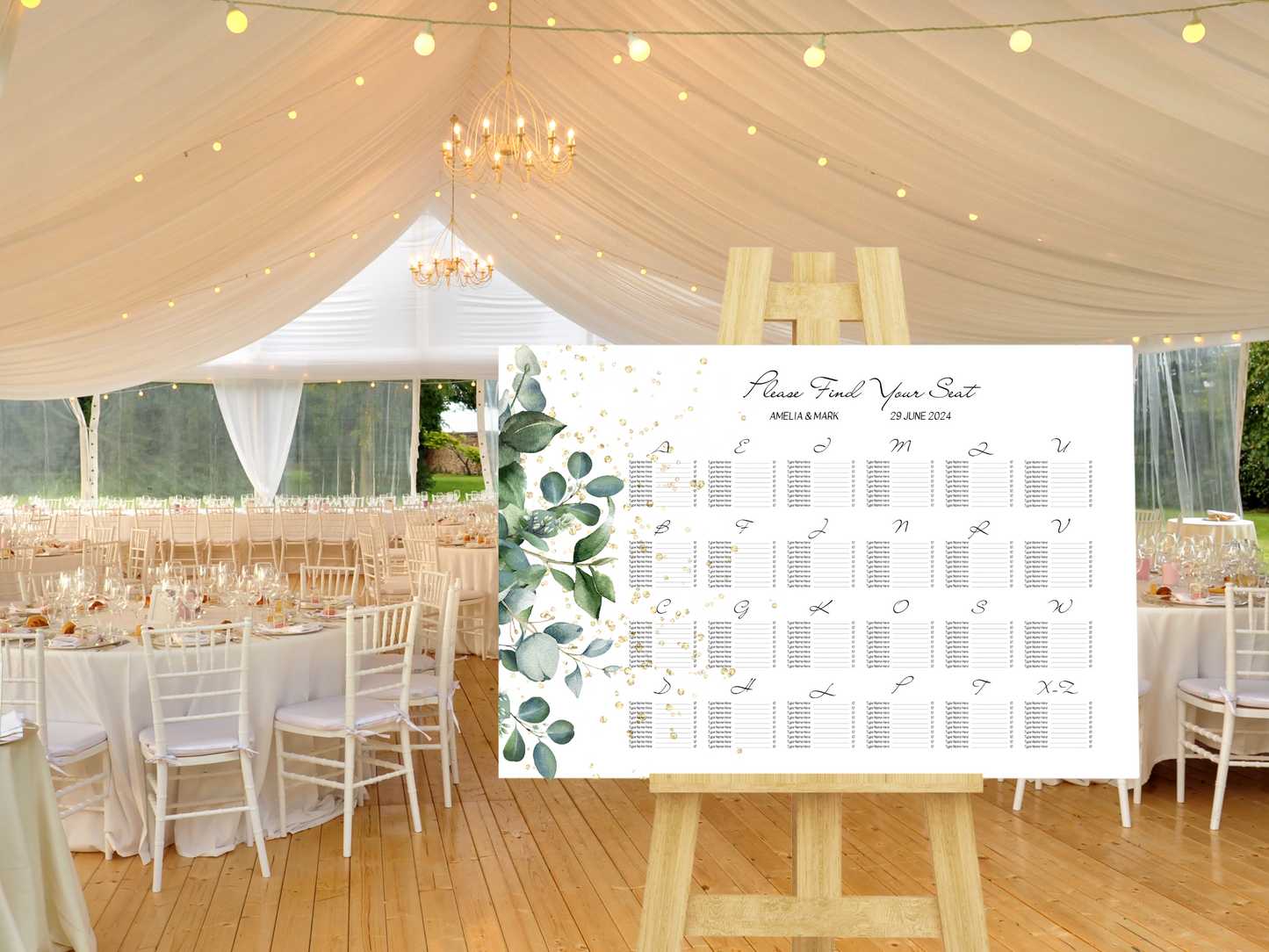 Eucalyptus & Gold Wedding Alphabetical Seating Chart Templates, Printable Templates