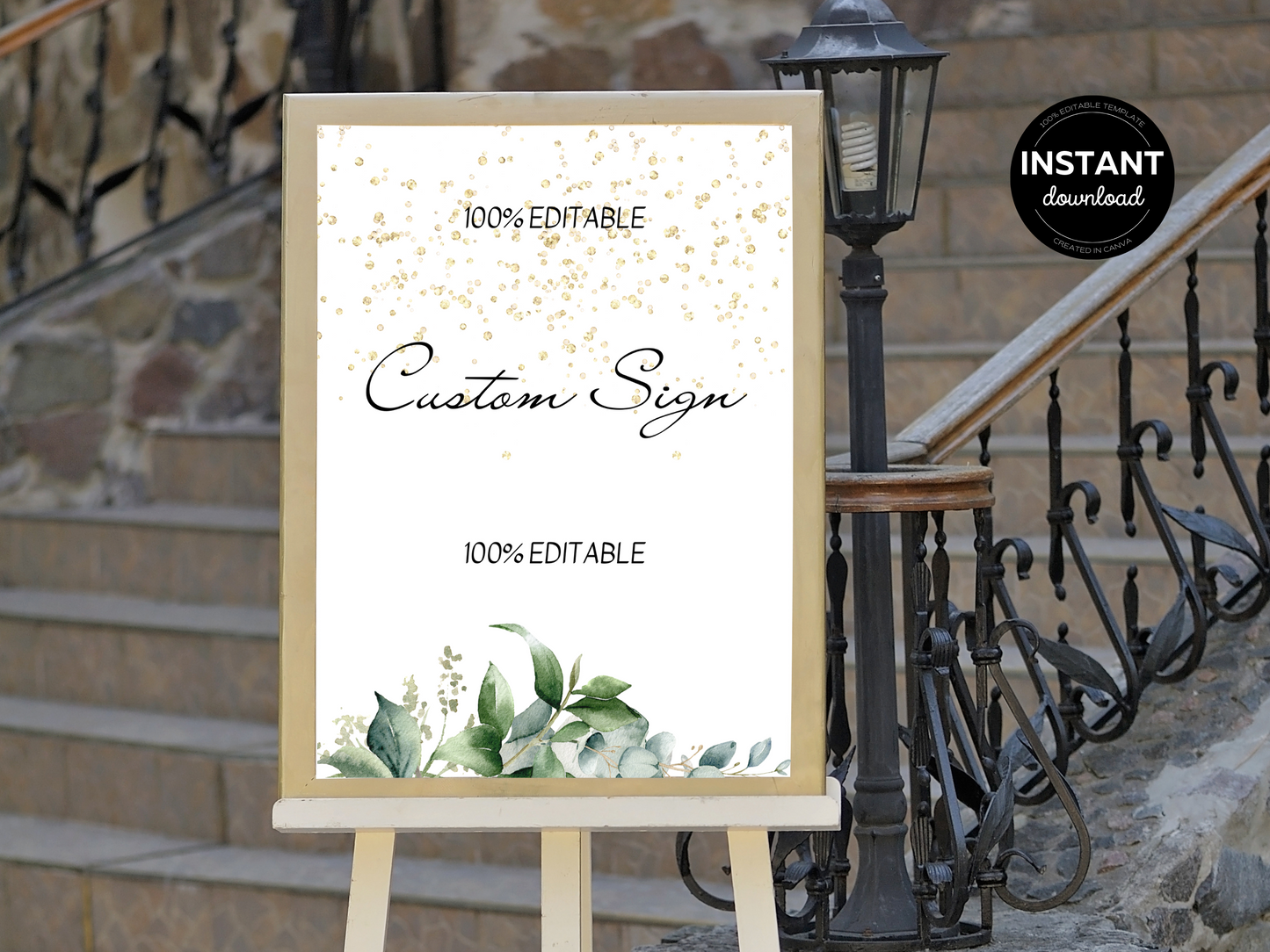 Eucalyptus & Gold Wedding Custom Sign Templates, Printable Templates
