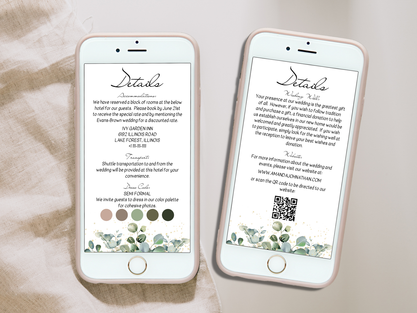 Eucalyptus & Gold Wedding Evite & Insert Cards Template Bundle, Digital Templates