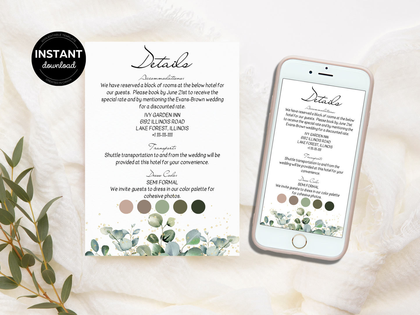 Eucalyptus & Gold Wedding Details Insert Templates, Printable & Digital Templates