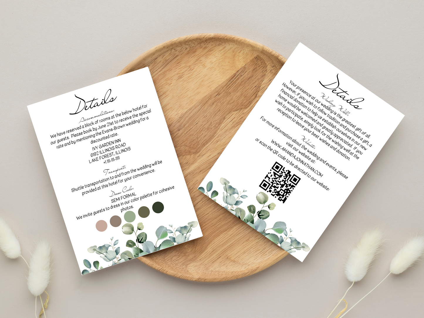 Eucalyptus & Gold Wedding Invitation & Insert Card Templates Bundle, Printable Templates