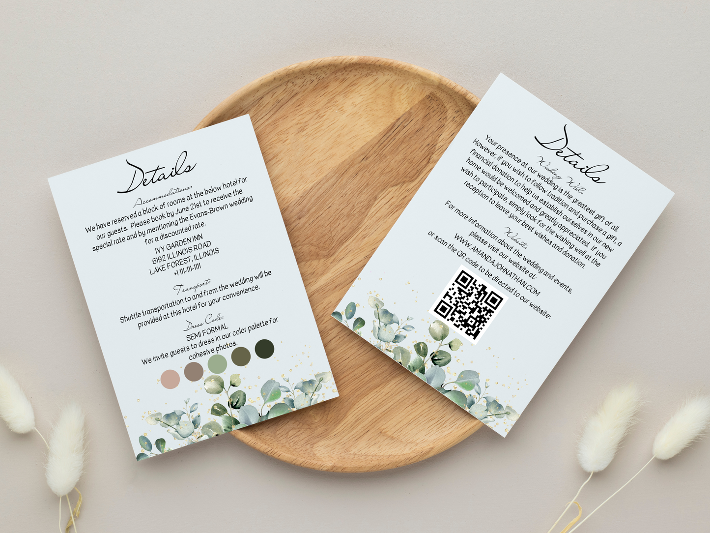 Eucalyptus & Gold Wedding Invitation & Insert Cards Template Bundle, Printable & Digital Templates