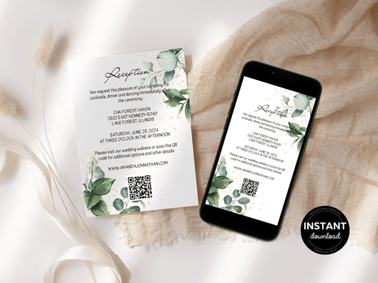 Eucalyptus & Gold Wedding Reception Invitation Templates, Printable & Digital Templates