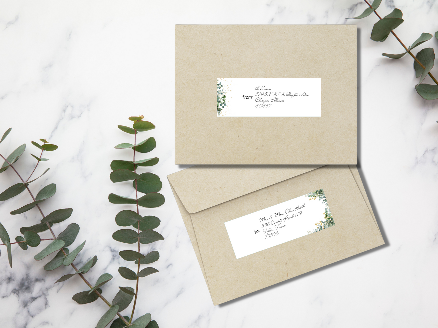 Eucalyptus & Gold Wedding Envelope Address Label Templates, Printable Templates