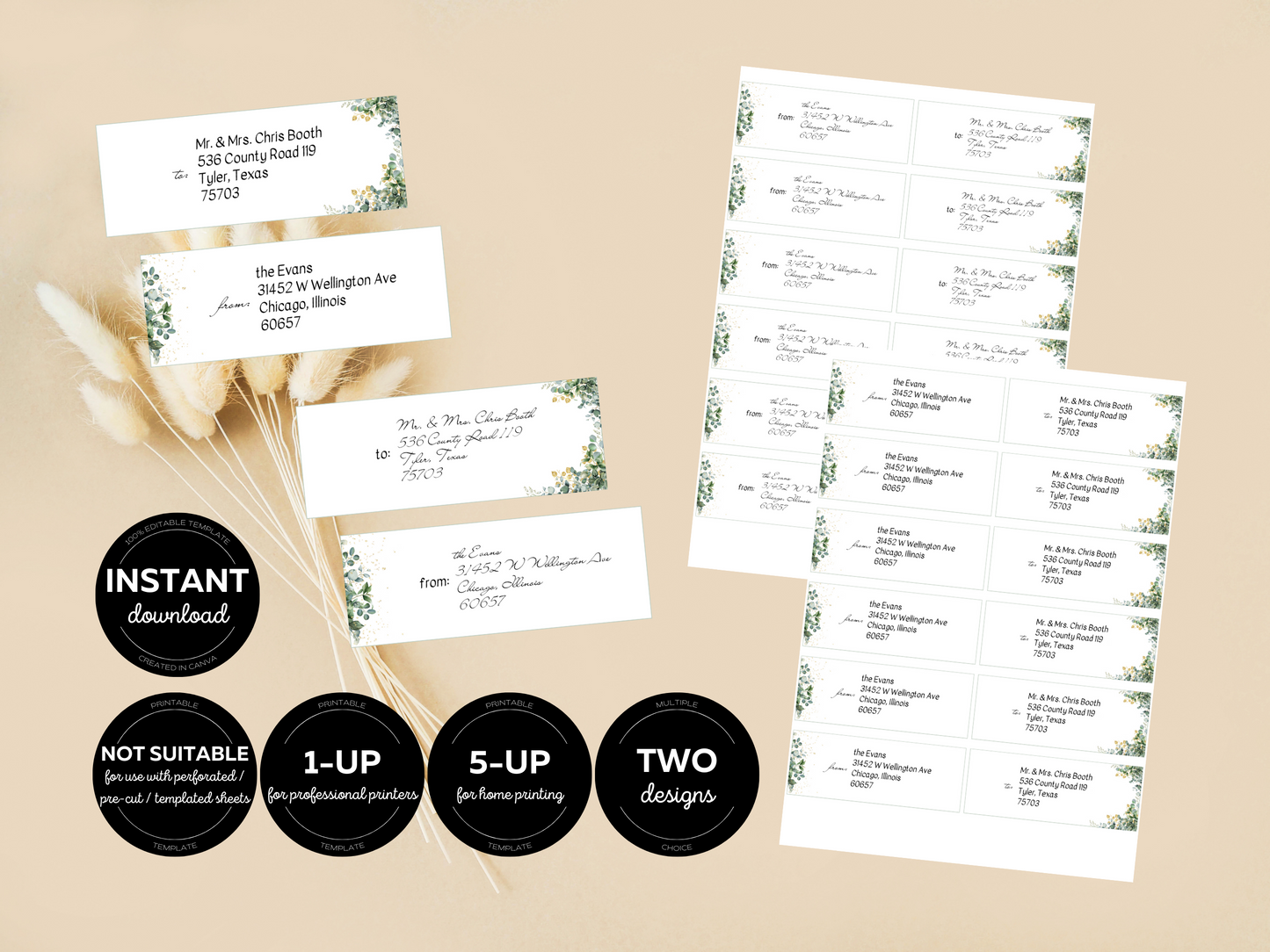 Eucalyptus & Gold Wedding Envelope Address Label Templates, Printable Templates