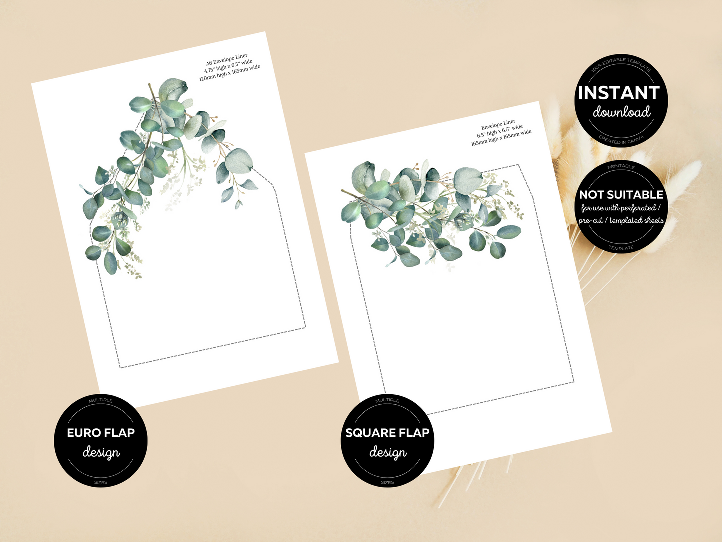Eucalyptus Wedding Envelope Liners Templates, Printable Templates